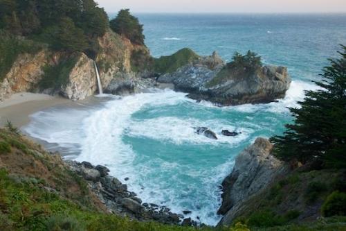 Boulders;Green;Waves;Bluff;Rocky;Tan;Seascape;Falls;Chute;Aqua;trees;tree;Coastline;Rocks;Sand;Orange;Precipice;Big Sur;Cascading;Water;McWay Falls;Rock Formations;Coast;Beach;Sea;Rock;Beaches;Crag;Sea Stacks;Ocean;Ledge;Escarpment;Boulder;Cascade;Shoreline;Waterfall;California;Brown;Shore;Rock Face;Gray;Cliff;Pouring;Blue;Waterfalls